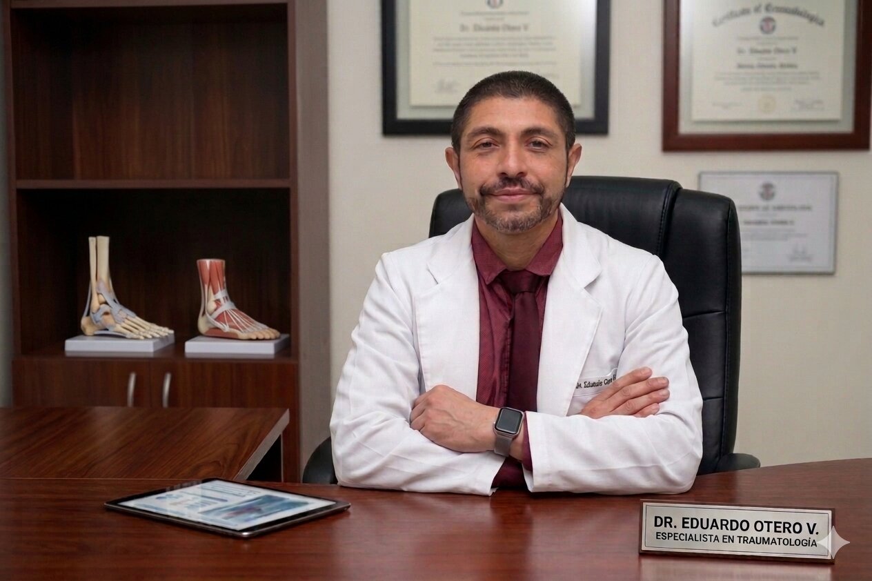 Dr. Eduardo Otero V. en su consulta, con modelos anatómicos de pie y tobillo